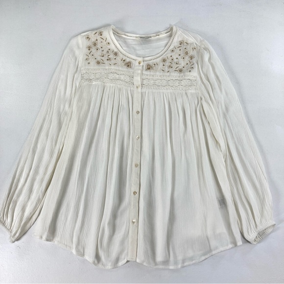 Caffe Marrahcsh Tops - Caffe Marrakesh Top Womens M Button Up Embroidered Ruched Back Long Sleeves